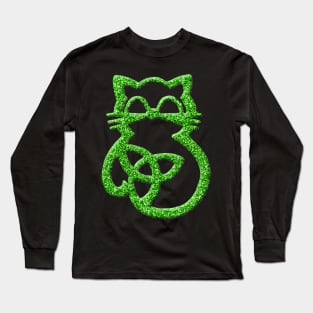 Faux Green Glitter Trinity Knot Celtic Cat Long Sleeve T-Shirt